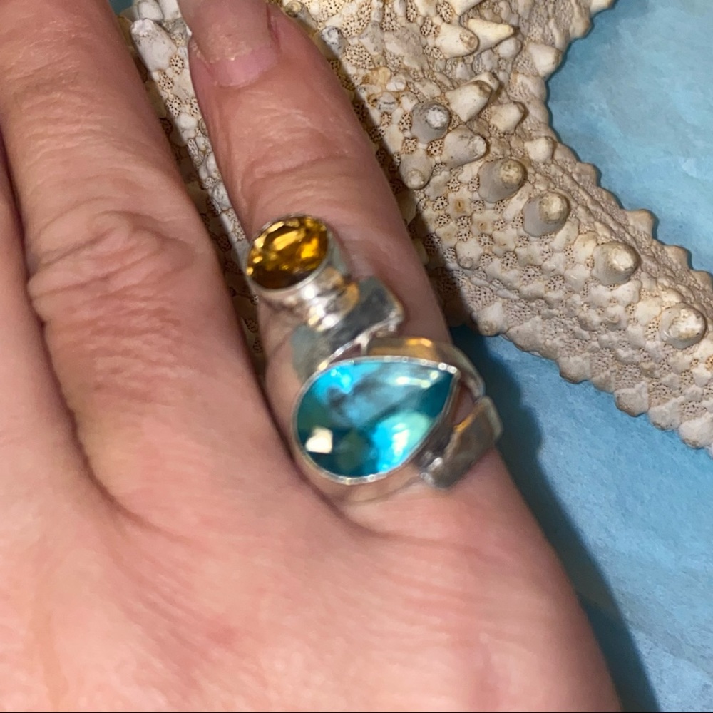 Sold * Blue Tourmaline + Honey Citrine statement ring - Picture 4 of 7